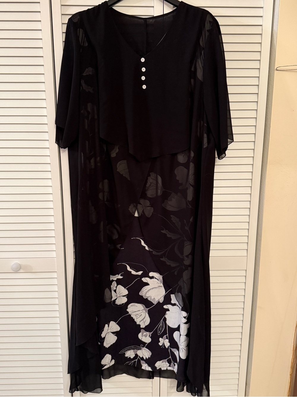 Black Floral Maxi Dress with Overlay and Button Detail